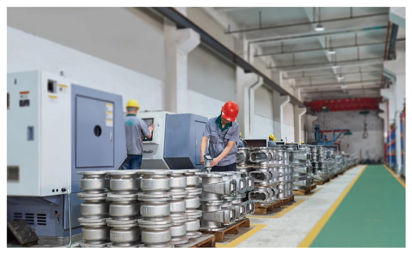 Valve assembly workstations inside the Lianggong manufacturing workshop